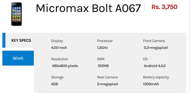 micromax-bolt-a067-Specs
